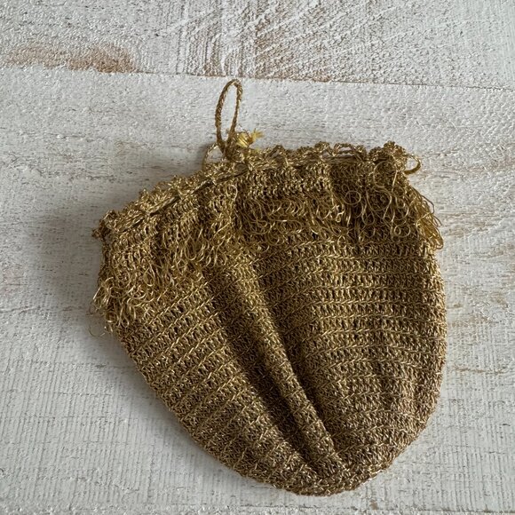 Vintage Miniature/Small Metallic Gold Crochet Drawstring Bag - Picture 5 of 12